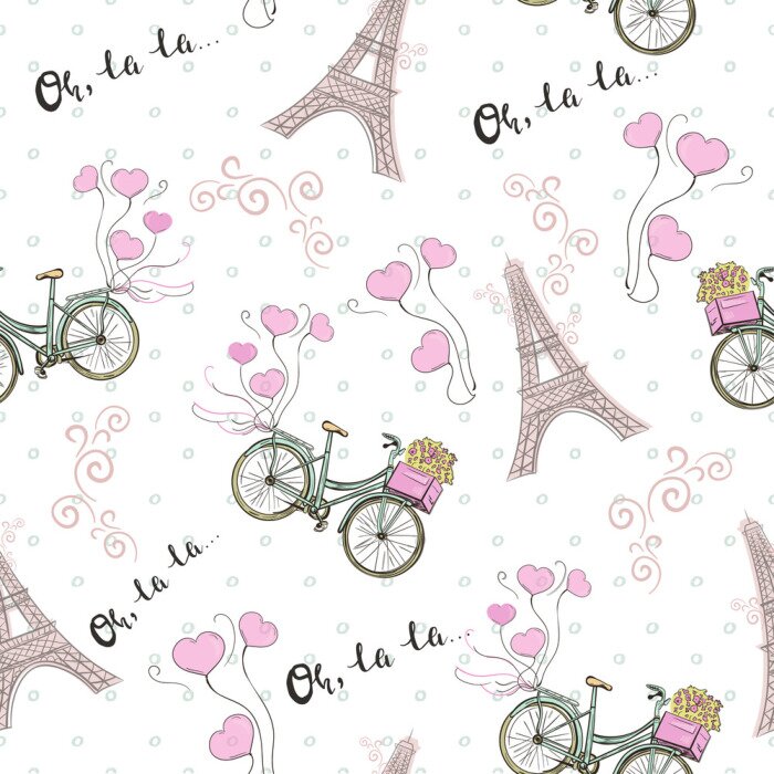 Tapete Paris theme seamless pattern with bicycle and Eiffel tower