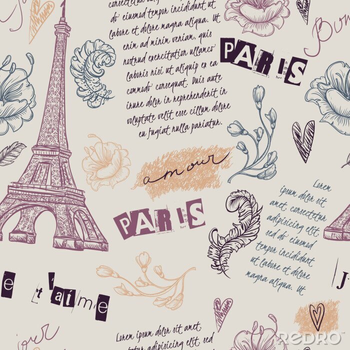 Tapete Paris. Vintage nahtlose Muster mit Eiffelturm, Blumen, Federn und Text. Retro Hand gezeichnet Vektor-Illustration.