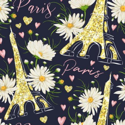 Tapete Paris. Vintage nahtlose Muster mit Eiffelturm, Herzen mit goldenen Glitter Folie Textur und Kamille Blumen. Retro Hand gezeichnet Vektor-Illustration.