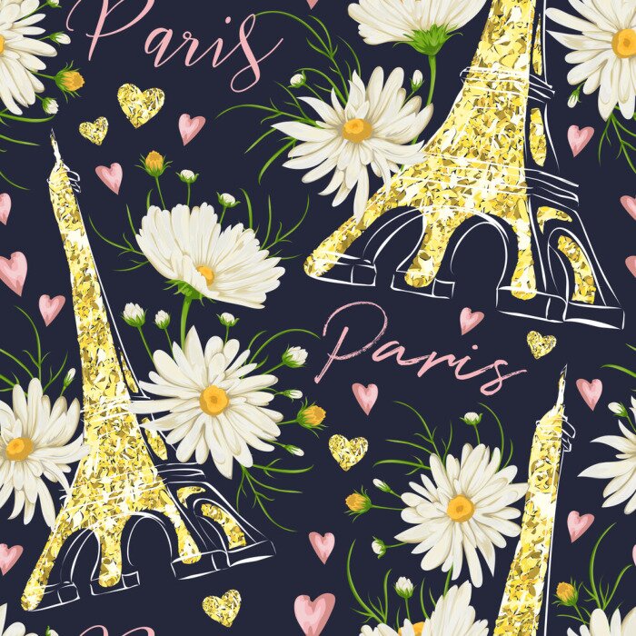 Tapete Paris. Vintage nahtlose Muster mit Eiffelturm, Herzen mit goldenen Glitter Folie Textur und Kamille Blumen. Retro Hand gezeichnet Vektor-Illustration.