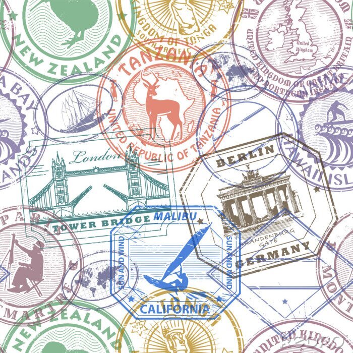 Tapete Passport stamps background - set seamless pattern