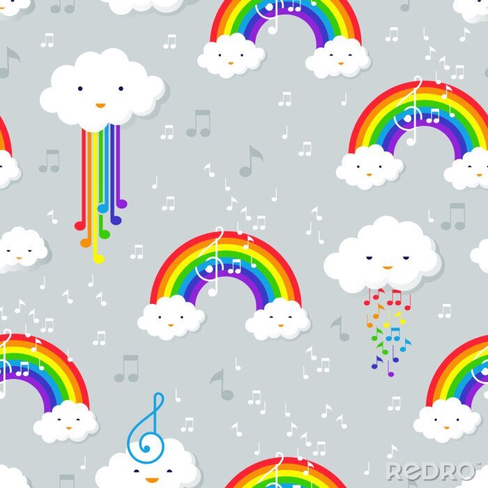 Tapete Pastel rainbow and stars seamless pattern on blue background wit