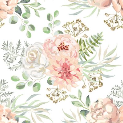 Tapete Pastell-Pfingstrosen und Rosen Aquarellzeichnung