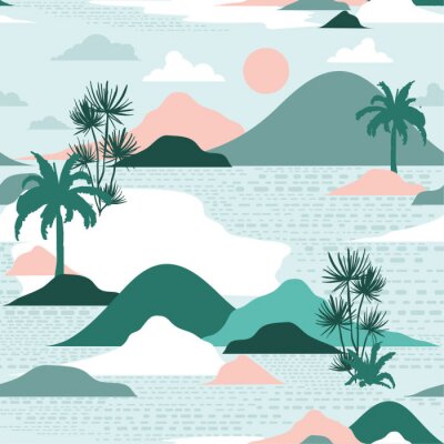 Tapete Pastell und süße Silhouette der Palme, des Strandes, des Berges auf dem nahtlosen Mustervektorentwurf des modernen Papierschnittstils für Mode, Stoff und alle Drucke