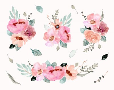 Sticker Pastellfarbene florale Illustrationen auf weißem Hintergrund