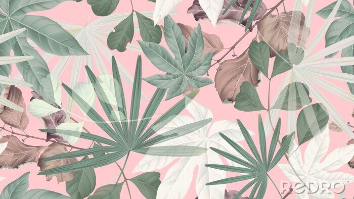 Tapete Pastellfarbene tropische Blätter auf rosa Hintergrund