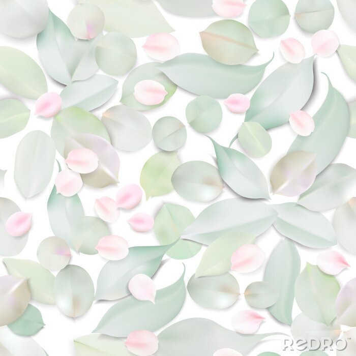 Tapete Pastellgrüne Blätter und Blütenblätter einer rosa Rose
