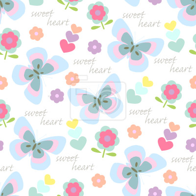 Tapete Pastellschmetterlingsherzen und -blumen
