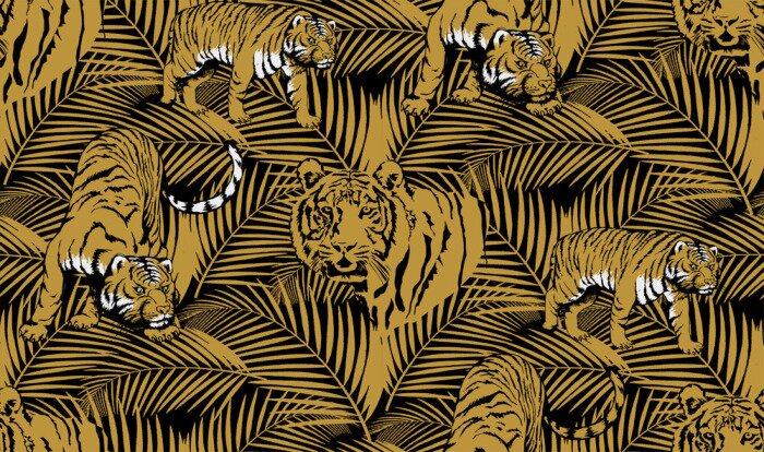 Tapete Pattern of tropical animals and leaves. Symbol of summer holidays in faraway countries. Suitable for fabric, wrapping paper and the like. Vector illustration