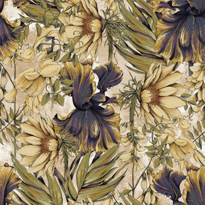 Tapete Pattern with flowers and leaves on a beige grunge background. Design for wallpaper, photo wallpaper, mural, card, postcard.  
