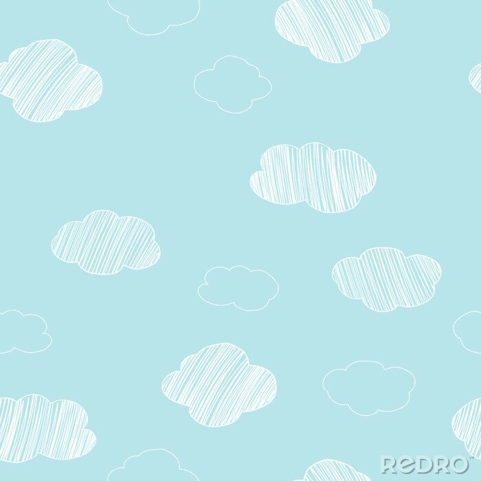 Tapete Pattern with hand-drawn different clouds on a blue sky background.