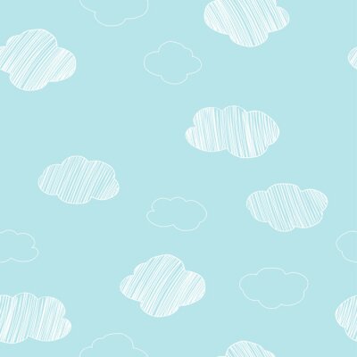 Tapete Pattern with hand-drawn different clouds on a blue sky background.