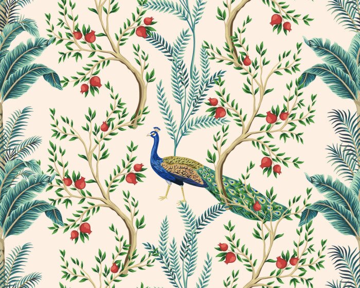 Tapete Pfauen, Granatäpfel und Palmen