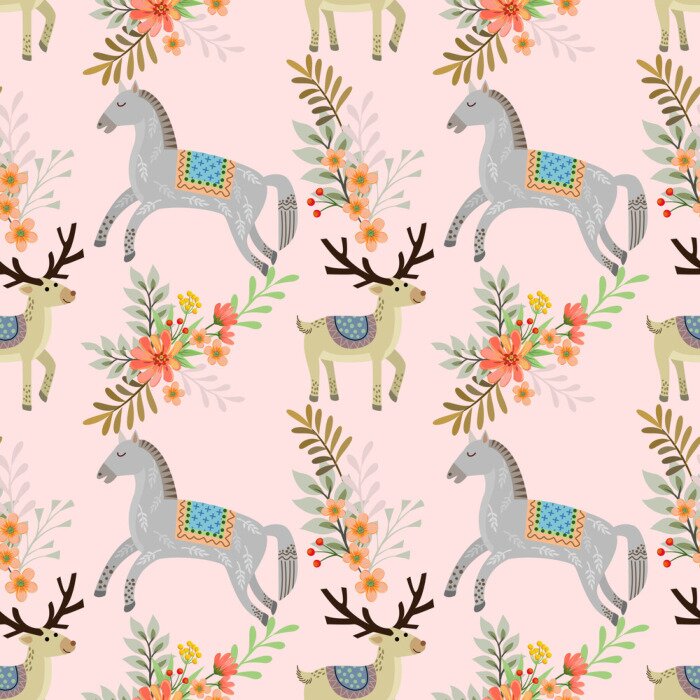 Tapete Pferde für ein Mädchen und Pastellblumen