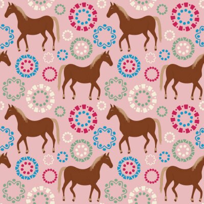 Tapete Pferde und farbige Elemente auf rosa Hintergrund
