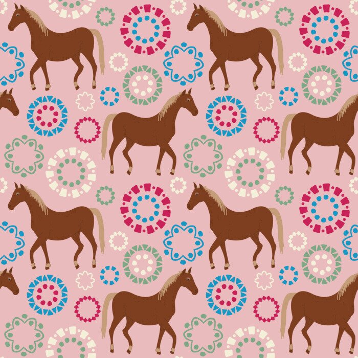 Tapete Pferde und farbige Elemente auf rosa Hintergrund