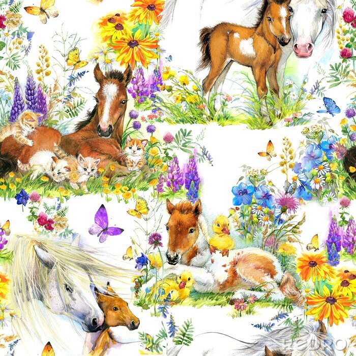 Tapete Pferde und Fohlen in Pastellblumen