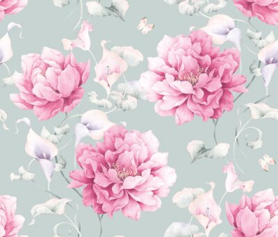 Tapete Pfingstrosen Puderrosa auf blauem Hintergrund