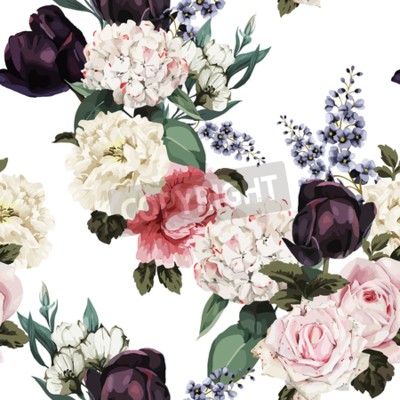 Tapete Pfingstrosen und Hortensien auf hellem Hintergrund