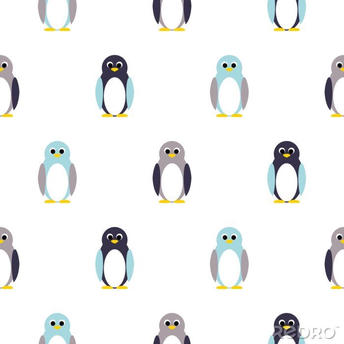 Tapete Pinguin blau, lila auf weiß Kinder-Muster. Baby Penguin Spielzeug Vektor nahtlose Muster für Stoff drucken und Bekleidung.