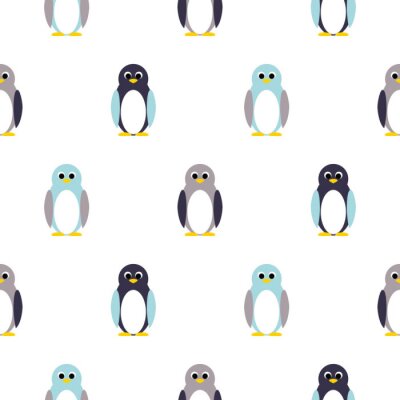Tapete Pinguin blau, lila auf weiß Kinder-Muster. Baby Penguin Spielzeug Vektor nahtlose Muster für Stoff drucken und Bekleidung.