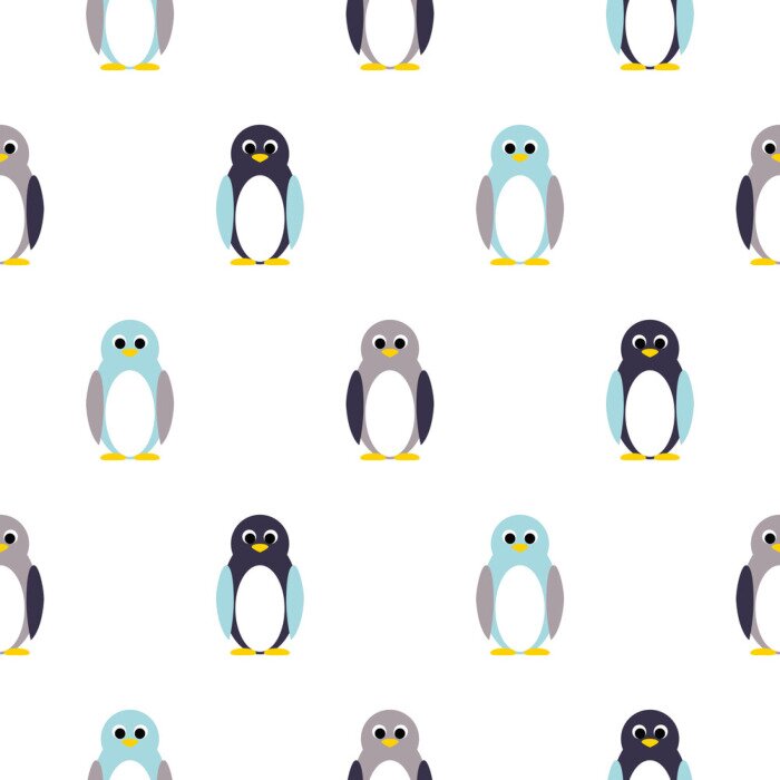 Tapete Pinguin blau, lila auf weiß Kinder-Muster. Baby Penguin Spielzeug Vektor nahtlose Muster für Stoff drucken und Bekleidung.