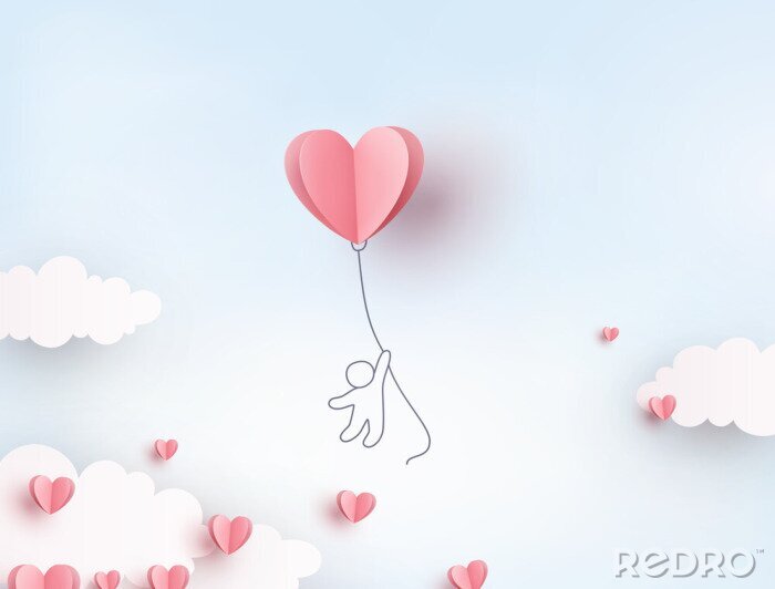 Tapete Pink heart flying balloon with man on blue sky background. Vector love postcard for Happy Mother's, Valentine's Day or birthday greeting card design..