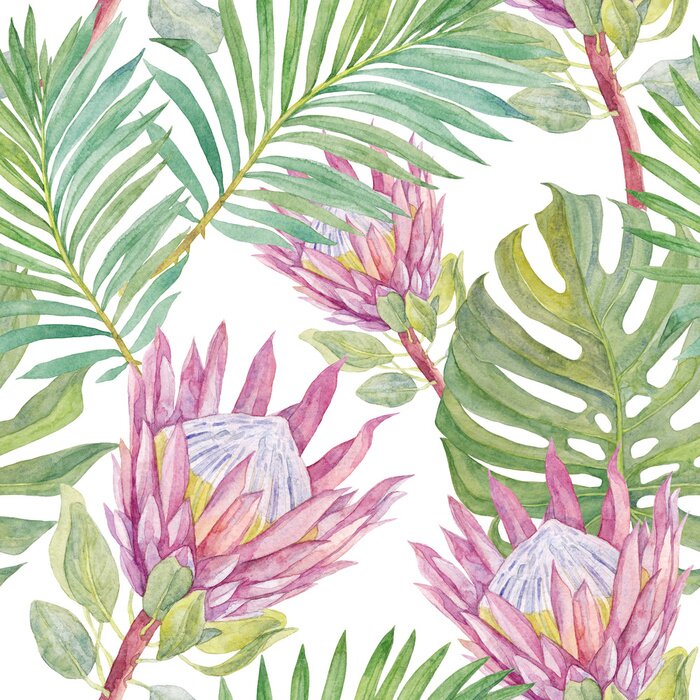 Tapete Pink protea flowers and tropical leaves. Watercolor seamless pattern.