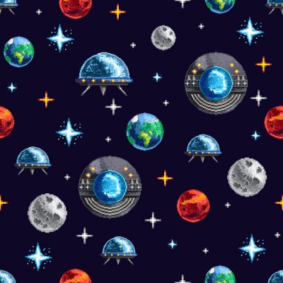 Tapete Pixel design of seamless background with colorful planets and spacecraft