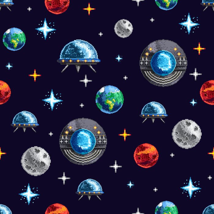 Tapete Pixel design of seamless background with colorful planets and spacecraft