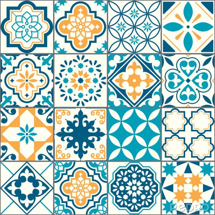 Tapete Portuguese or Spanish Azujelo vector seamless tiles design - Lisbon retro truquoise and yellow pattern, tile big collection 	
