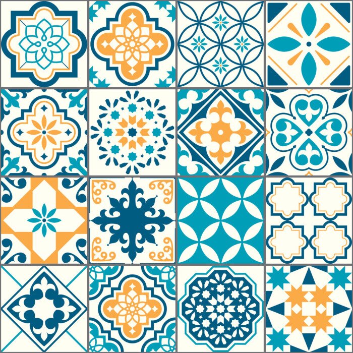 Tapete Portuguese or Spanish Azujelo vector seamless tiles design - Lisbon retro truquoise and yellow pattern, tile big collection 	