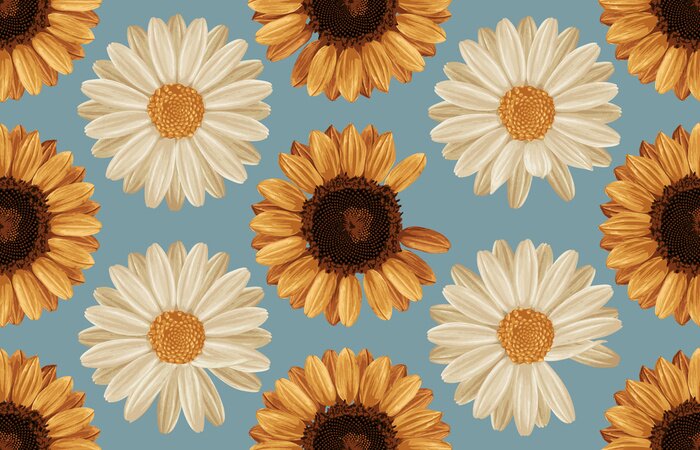 Tapete Printable seamless vintage autumn repeat pattern background with daisies and sunflowers. Botanical wallpaper, raster illustration in super High resolution.