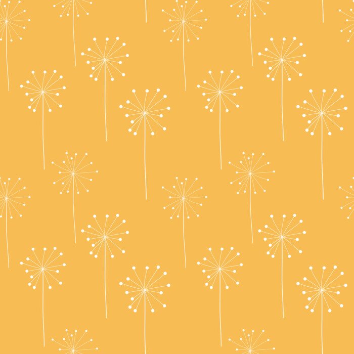 Tapete Pusteblumen hell auf senfgelbem Hintergrund