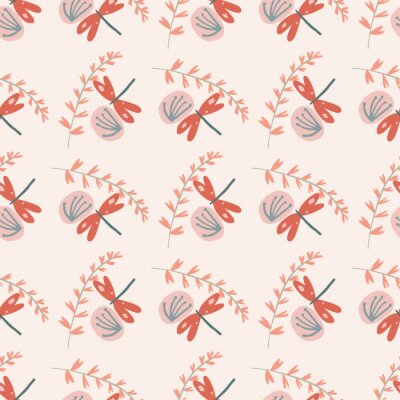 Tapete Pusteblumen Libellen und Blätter bunte Grafik