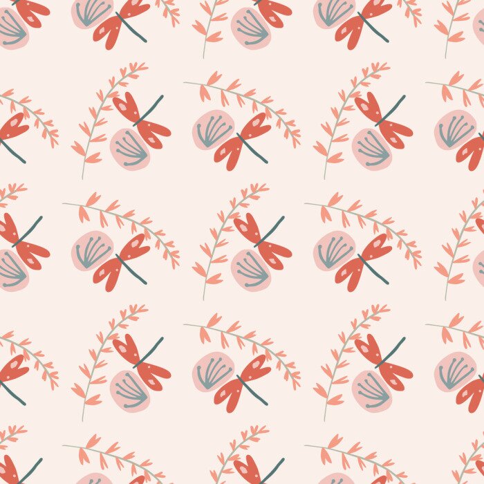 Tapete Pusteblumen Libellen und Blätter bunte Grafik