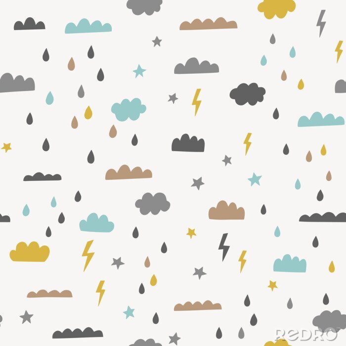 Tapete Rain vector seamless pattern with clouds, rain drops, lightning, stars. Sky vector background in blue, yellow, brown and black. Hipster scandinavian style print design.