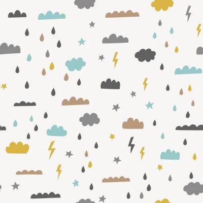 Tapete Rain vector seamless pattern with clouds, rain drops, lightning, stars. Sky vector background in blue, yellow, brown and black. Hipster scandinavian style print design.