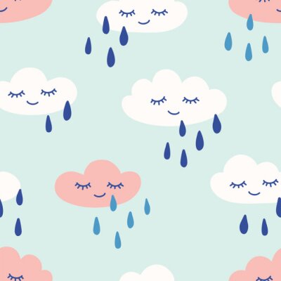 Tapete Rainy clouds with eyes and smile cute seamless pattern. Print for kids. Vector hand drawn illustration