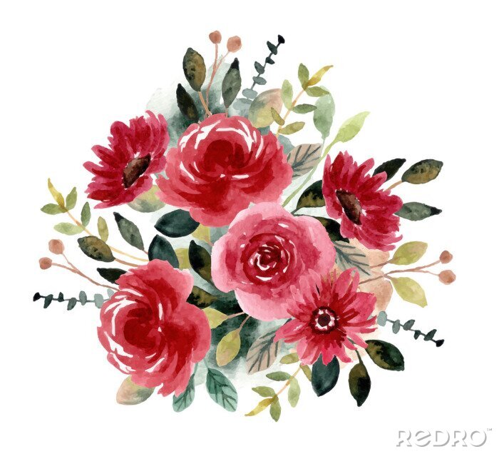 Tapete red green flower garden watercolor arrangement