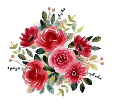 Sticker red green flower garden watercolor arrangement