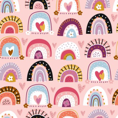 Sticker Regenbögen mit Blumen auf rosa Hintergrund