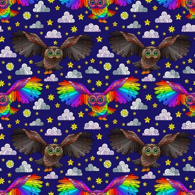 Tapete Regenbogen- und Waldeulen auf dunklem Hintergrund