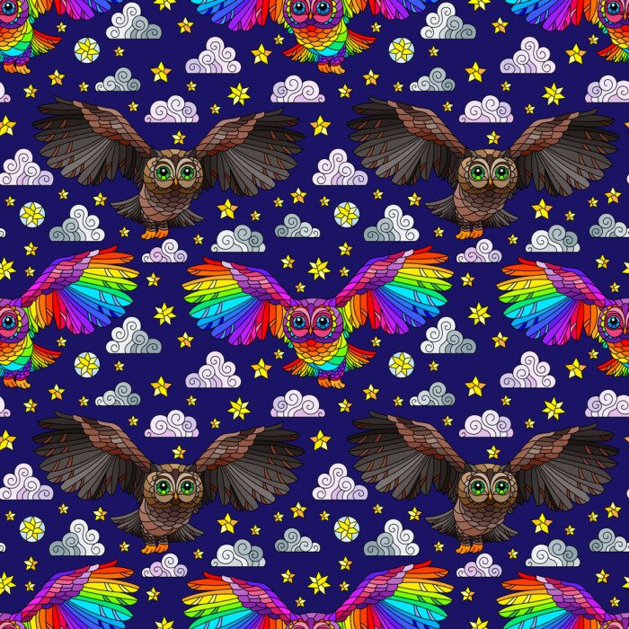 Tapete Regenbogen- und Waldeulen auf dunklem Hintergrund