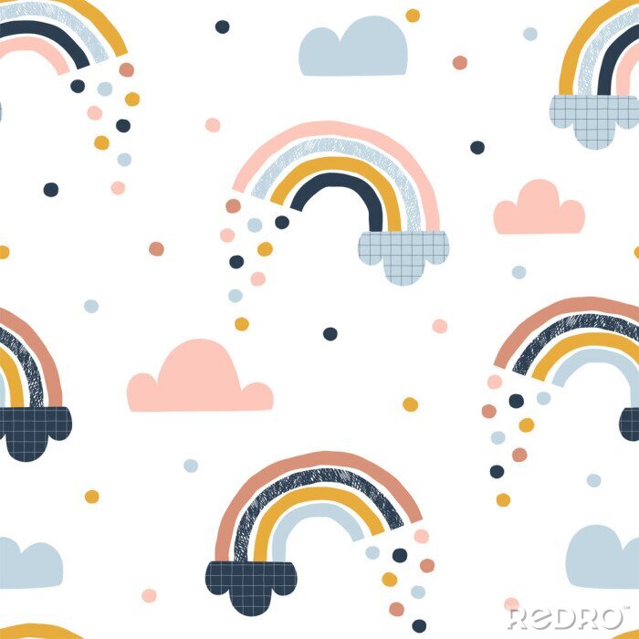 Tapete Regenbogen zwischen Wolken und bunten Regentropfen