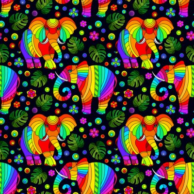 Tapete Regenbogenelefanten auf schwarzem Hintergrund in Blättern