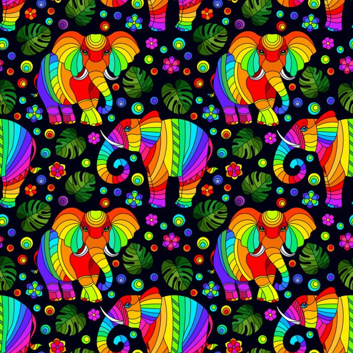 Tapete Regenbogenelefanten auf schwarzem Hintergrund in Blättern