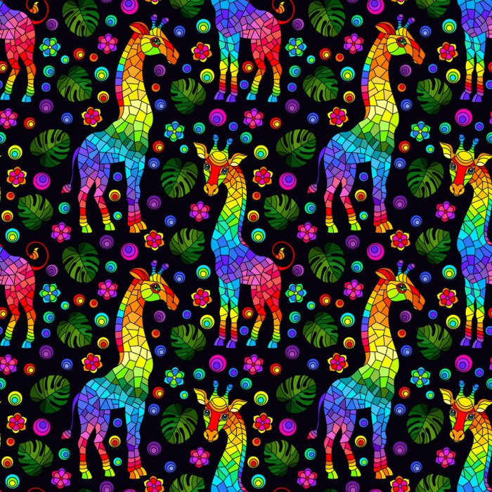 Tapete Regenbogengiraffen zwischen tropischen Blättern