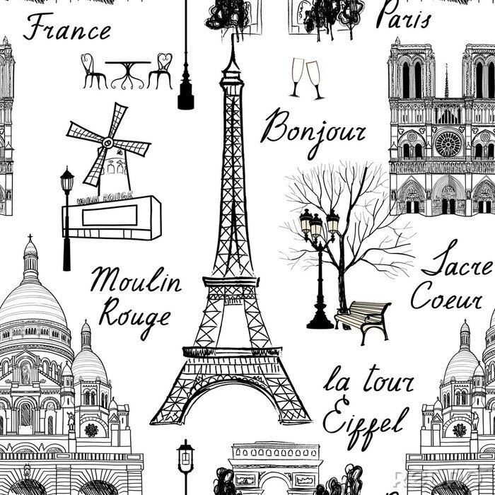 Tapete Reisen Paris nahtlose Muster. Urlaub in Europa wallpaper. Reise zu berühmten Orten von Frankreich Hintergrund zu besuchen. Landmark gefliester Grunge-Muster.
