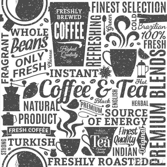 Tapete Retro- angeredeter typografischer Vektor Kaffee und Tee nahtloses Muster oder Hintergrund